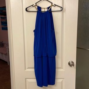 Jessica Simpson blue dress with gold collar closure.